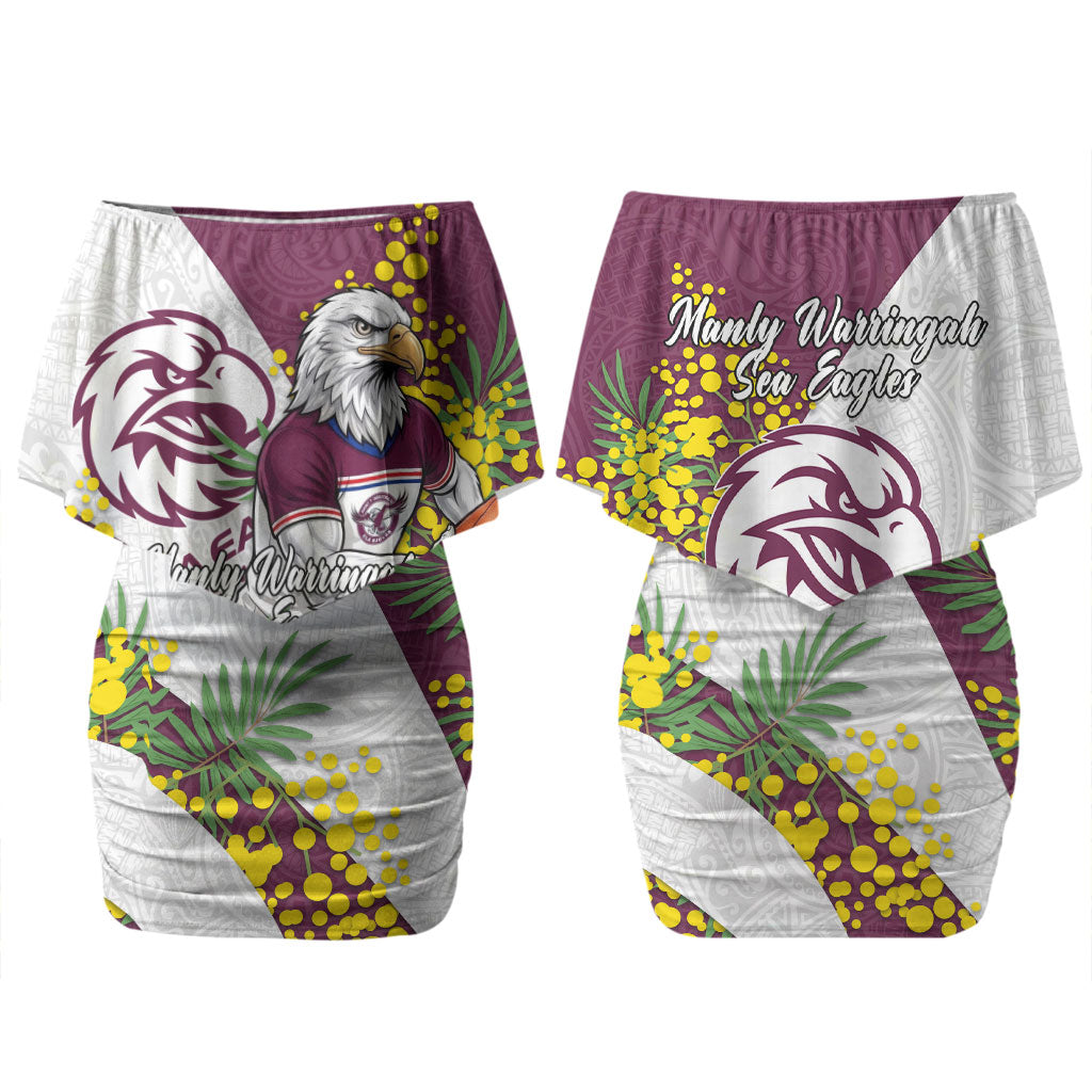 Manly Warringah Sea Eagles Couples Matching Off Shoulder Short Dress and Hawaiian Shirt Golden Wattle Floral Polynesian - Australian Flower - Rugby Mascot