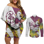 Manly Warringah Sea Eagles Couples Matching Off Shoulder Short Dress and Long Sleeve Button Shirt Golden Wattle Floral Polynesian - Australian Flower - Rugby Mascot