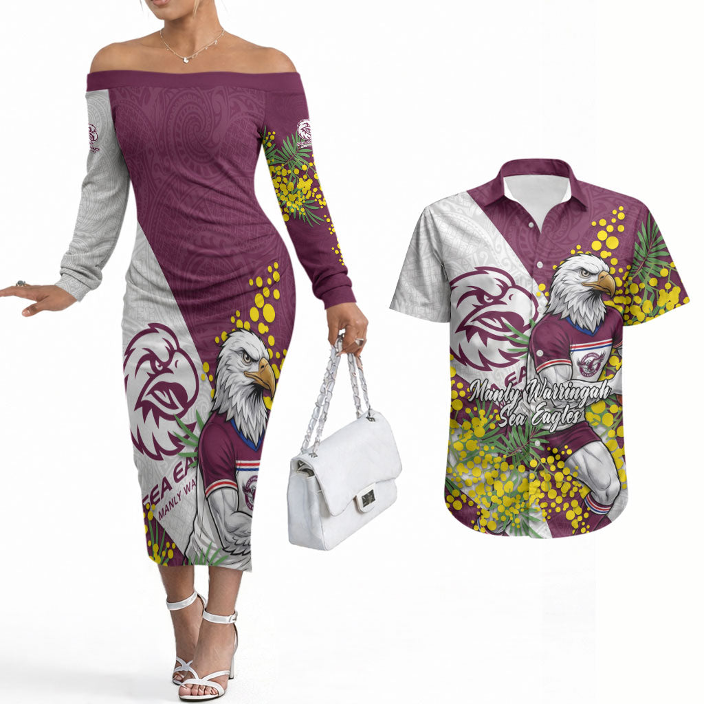 Manly Warringah Sea Eagles Couples Matching Off The Shoulder Long Sleeve Dress and Hawaiian Shirt Golden Wattle Floral Polynesian - Australian Flower - Rugby Mascot