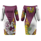 Manly Warringah Sea Eagles Couples Matching Off The Shoulder Long Sleeve Dress and Hawaiian Shirt Golden Wattle Floral Polynesian - Australian Flower - Rugby Mascot