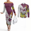 Manly Warringah Sea Eagles Couples Matching Off The Shoulder Long Sleeve Dress and Long Sleeve Button Shirt Golden Wattle Floral Polynesian - Australian Flower - Rugby Mascot