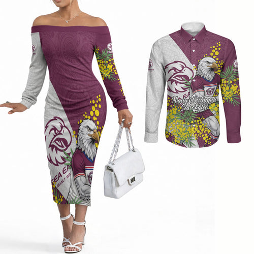 Manly Warringah Sea Eagles Couples Matching Off The Shoulder Long Sleeve Dress and Long Sleeve Button Shirt Golden Wattle Floral Polynesian - Australian Flower - Rugby Mascot