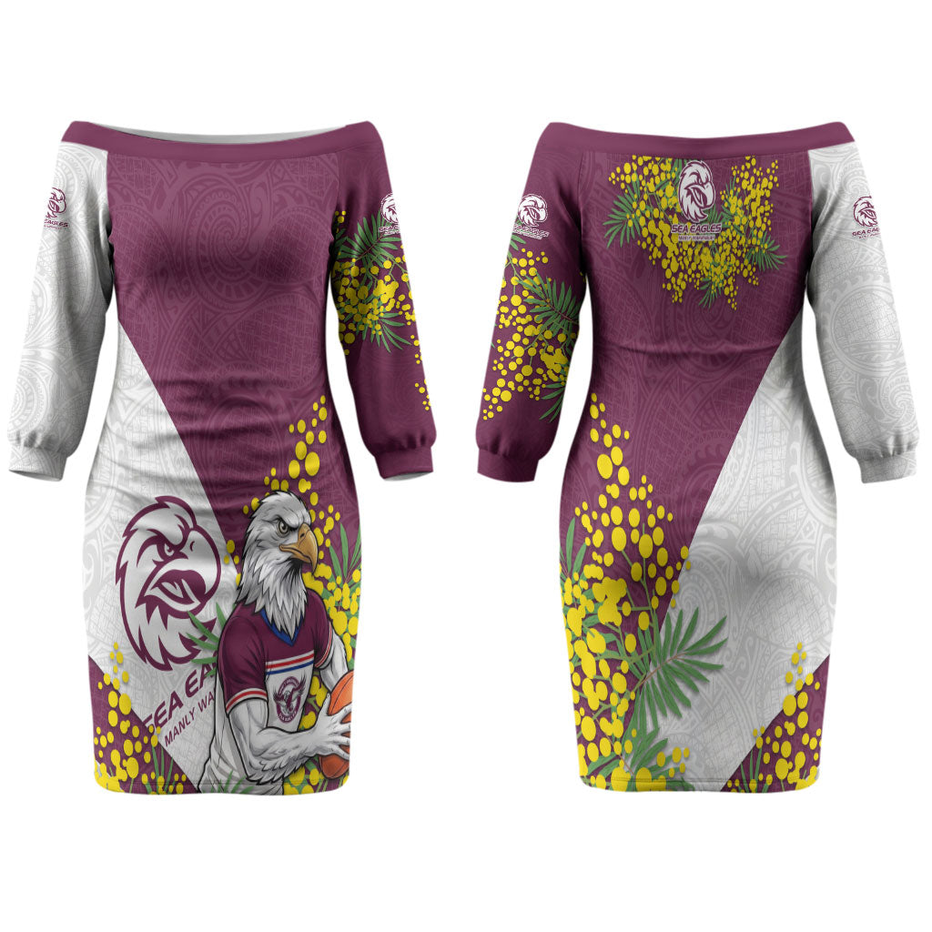 Manly Warringah Sea Eagles Couples Matching Off The Shoulder Long Sleeve Dress and Long Sleeve Button Shirt Golden Wattle Floral Polynesian - Australian Flower - Rugby Mascot