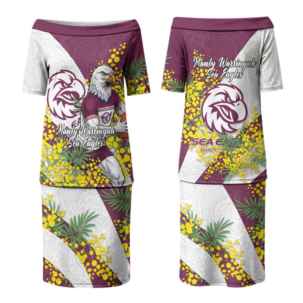 Manly Warringah Sea Eagles Couples Matching Puletasi and Hawaiian Shirt Golden Wattle Floral Polynesian - Australian Flower - Rugby Mascot