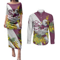 Manly Warringah Sea Eagles Couples Matching Puletasi and Long Sleeve Button Shirt Golden Wattle Floral Polynesian - Australian Flower - Rugby Mascot
