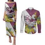 Manly Warringah Sea Eagles Couples Matching Puletasi and Long Sleeve Button Shirt Golden Wattle Floral Polynesian - Australian Flower - Rugby Mascot