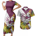 Manly Warringah Sea Eagles Couples Matching Short Sleeve Bodycon Dress and Hawaiian Shirt Golden Wattle Floral Polynesian - Australian Flower - Rugby Mascot
