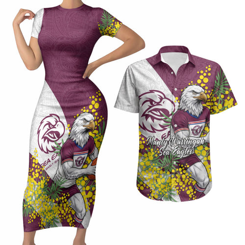 Manly Warringah Sea Eagles Couples Matching Short Sleeve Bodycon Dress and Hawaiian Shirt Golden Wattle Floral Polynesian - Australian Flower - Rugby Mascot
