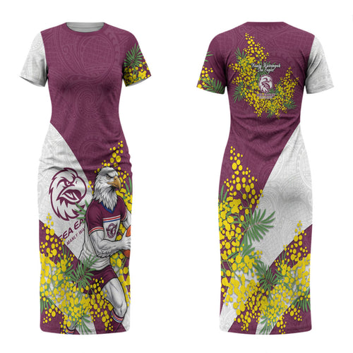 Manly Warringah Sea Eagles Couples Matching Short Sleeve Bodycon Dress and Hawaiian Shirt Golden Wattle Floral Polynesian - Australian Flower - Rugby Mascot