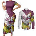 Manly Warringah Sea Eagles Couples Matching Short Sleeve Bodycon Dress and Long Sleeve Button Shirt Golden Wattle Floral Polynesian - Australian Flower - Rugby Mascot