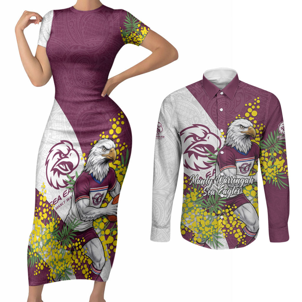 Manly Warringah Sea Eagles Couples Matching Short Sleeve Bodycon Dress and Long Sleeve Button Shirt Golden Wattle Floral Polynesian - Australian Flower - Rugby Mascot