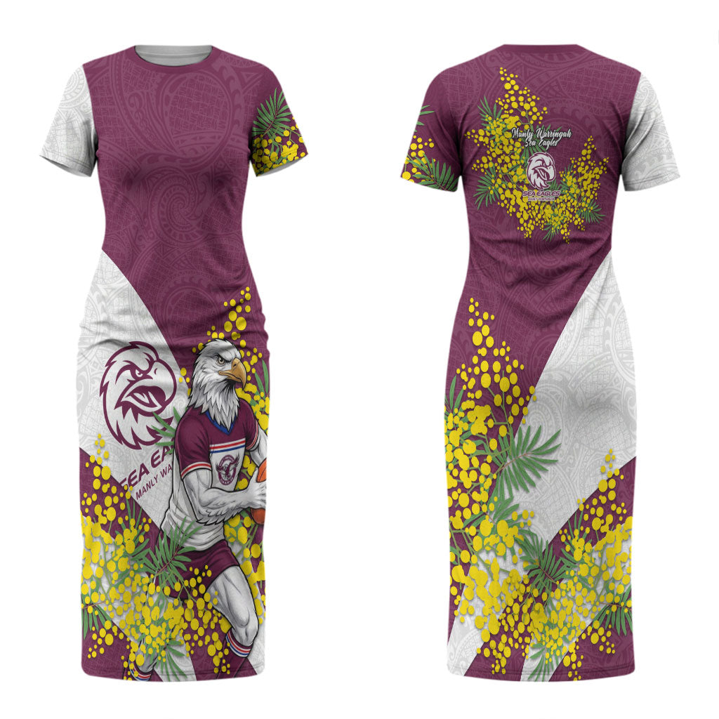 Manly Warringah Sea Eagles Couples Matching Short Sleeve Bodycon Dress and Long Sleeve Button Shirt Golden Wattle Floral Polynesian - Australian Flower - Rugby Mascot