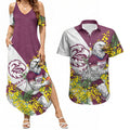 Manly Warringah Sea Eagles Couples Matching Summer Maxi Dress and Hawaiian Shirt Golden Wattle Floral Polynesian - Australian Flower - Rugby Mascot