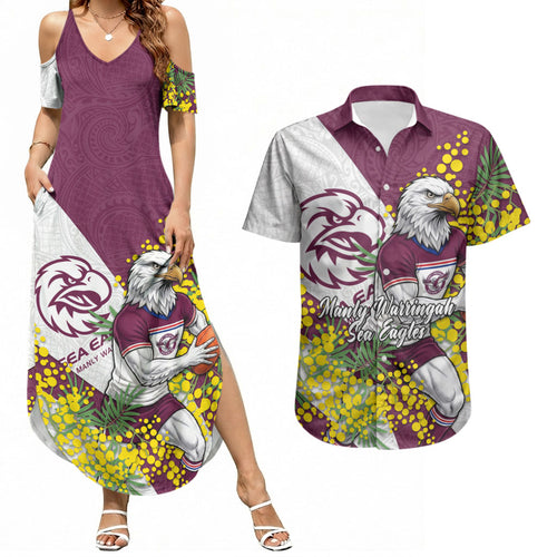 Manly Warringah Sea Eagles Couples Matching Summer Maxi Dress and Hawaiian Shirt Golden Wattle Floral Polynesian - Australian Flower - Rugby Mascot
