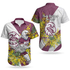 Manly Warringah Sea Eagles Couples Matching Summer Maxi Dress and Hawaiian Shirt Golden Wattle Floral Polynesian - Australian Flower - Rugby Mascot