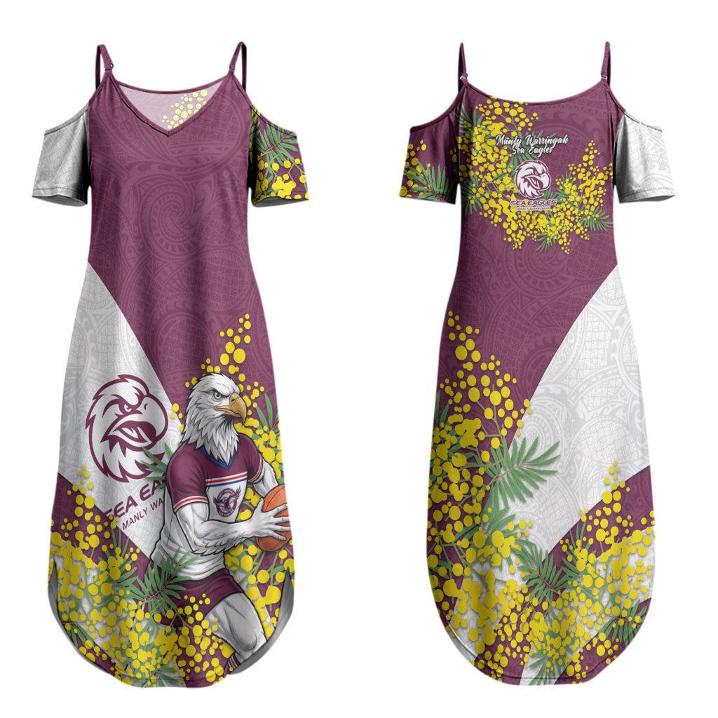 Manly Warringah Sea Eagles Couples Matching Summer Maxi Dress and Hawaiian Shirt Golden Wattle Floral Polynesian - Australian Flower - Rugby Mascot