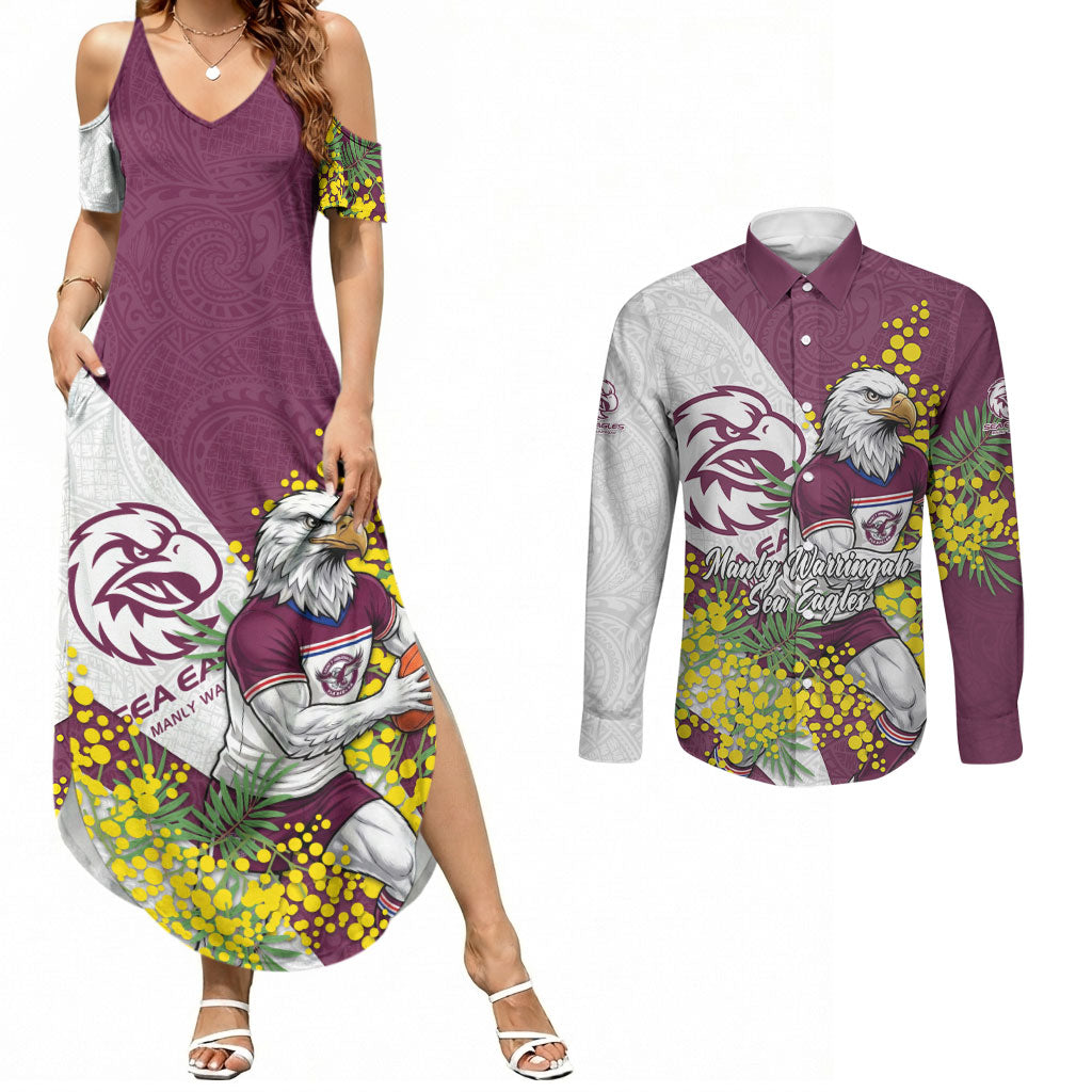 Manly Warringah Sea Eagles Couples Matching Summer Maxi Dress and Long Sleeve Button Shirt Golden Wattle Floral Polynesian - Australian Flower - Rugby Mascot