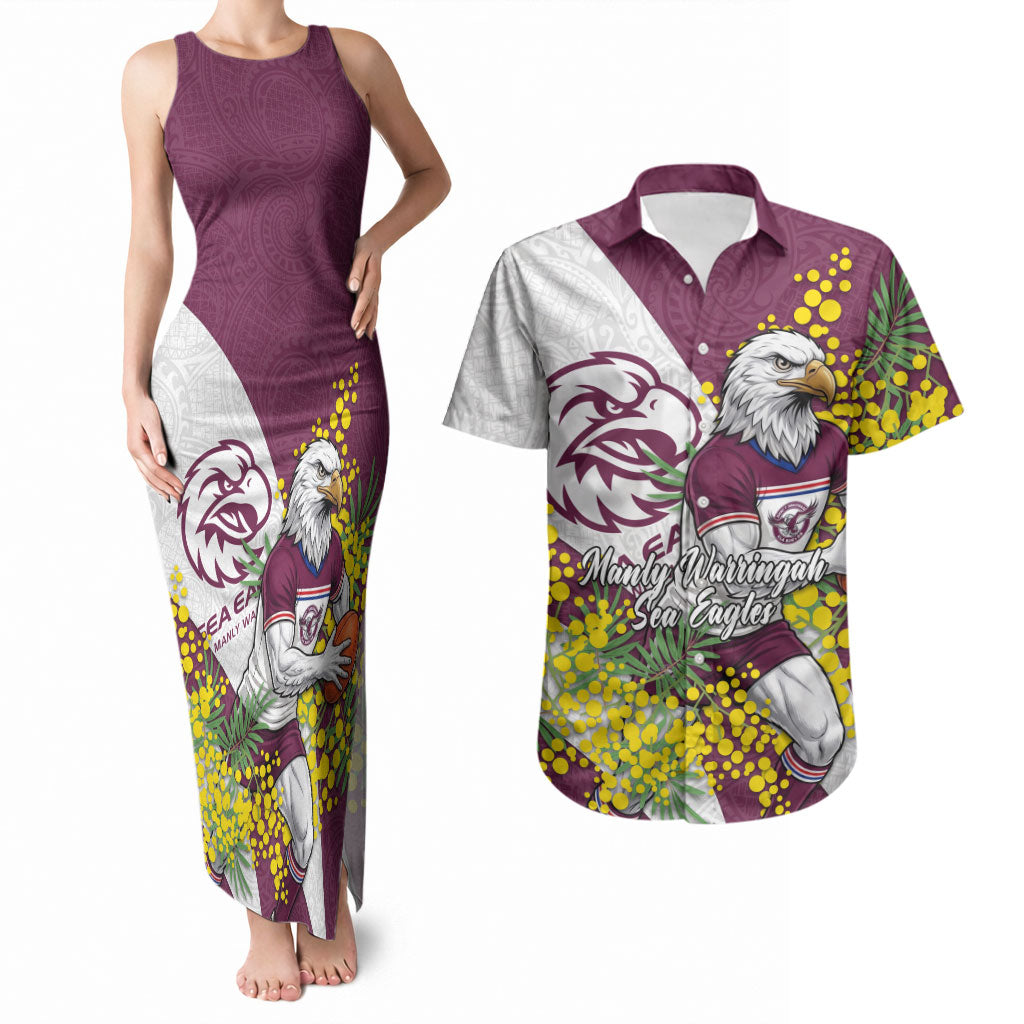 Manly Warringah Sea Eagles Couples Matching Tank Maxi Dress and Hawaiian Shirt Golden Wattle Floral Polynesian - Australian Flower - Rugby Mascot