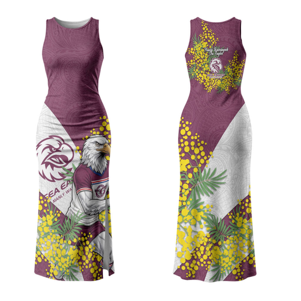 Manly Warringah Sea Eagles Couples Matching Tank Maxi Dress and Hawaiian Shirt Golden Wattle Floral Polynesian - Australian Flower - Rugby Mascot