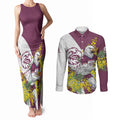 Manly Warringah Sea Eagles Couples Matching Tank Maxi Dress and Long Sleeve Button Shirt Golden Wattle Floral Polynesian - Australian Flower - Rugby Mascot