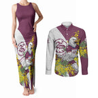 Manly Warringah Sea Eagles Couples Matching Tank Maxi Dress and Long Sleeve Button Shirt Golden Wattle Floral Polynesian - Australian Flower - Rugby Mascot