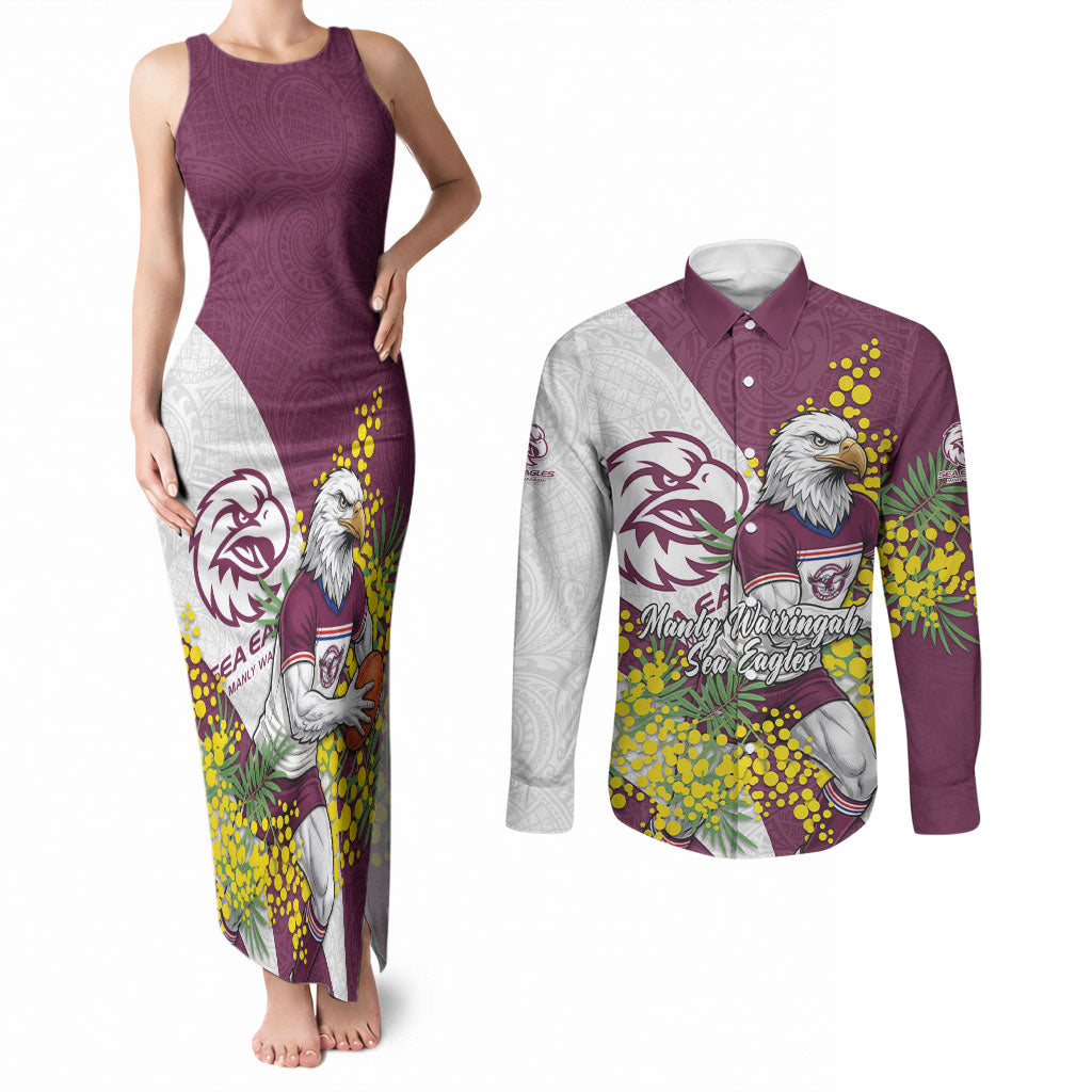 Manly Warringah Sea Eagles Couples Matching Tank Maxi Dress and Long Sleeve Button Shirt Golden Wattle Floral Polynesian - Australian Flower - Rugby Mascot