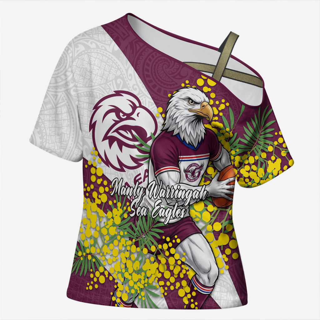 Manly Warringah Sea Eagles Cross Shoulder Shirt Golden Wattle Floral Polynesian - Australian Flower - Rugby Mascot
