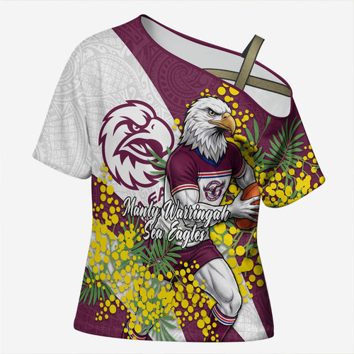 Manly Warringah Sea Eagles Cross Shoulder Shirt Golden Wattle Floral Polynesian - Australian Flower - Rugby Mascot
