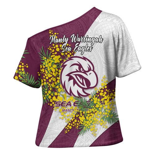 Manly Warringah Sea Eagles Cross Shoulder Shirt Golden Wattle Floral Polynesian - Australian Flower - Rugby Mascot