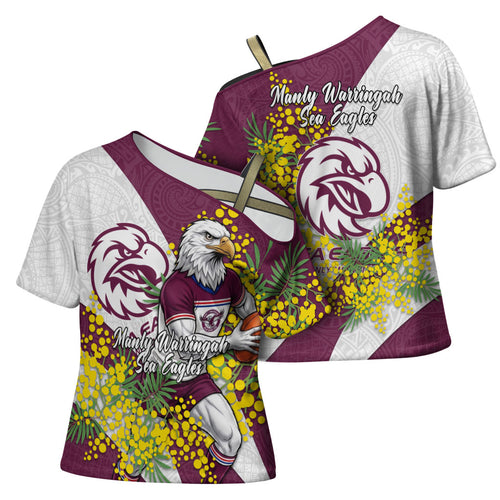 Manly Warringah Sea Eagles Cross Shoulder Shirt Golden Wattle Floral Polynesian - Australian Flower - Rugby Mascot