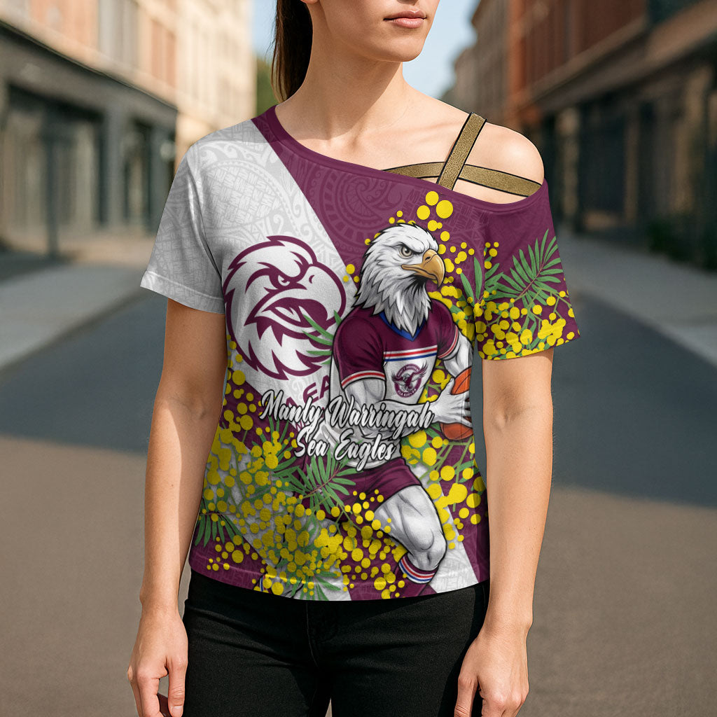 Manly Warringah Sea Eagles Cross Shoulder Shirt Golden Wattle Floral Polynesian - Australian Flower - Rugby Mascot