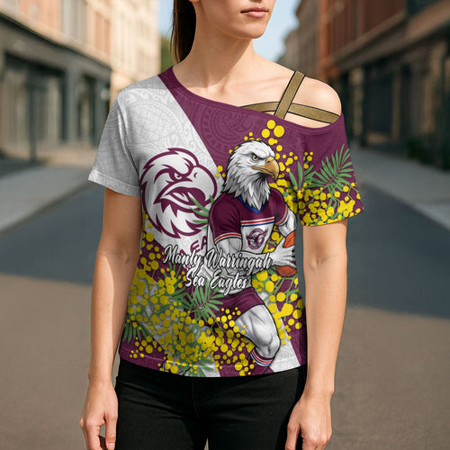 Manly Warringah Sea Eagles Cross Shoulder Shirt Golden Wattle Floral Polynesian - Australian Flower - Rugby Mascot
