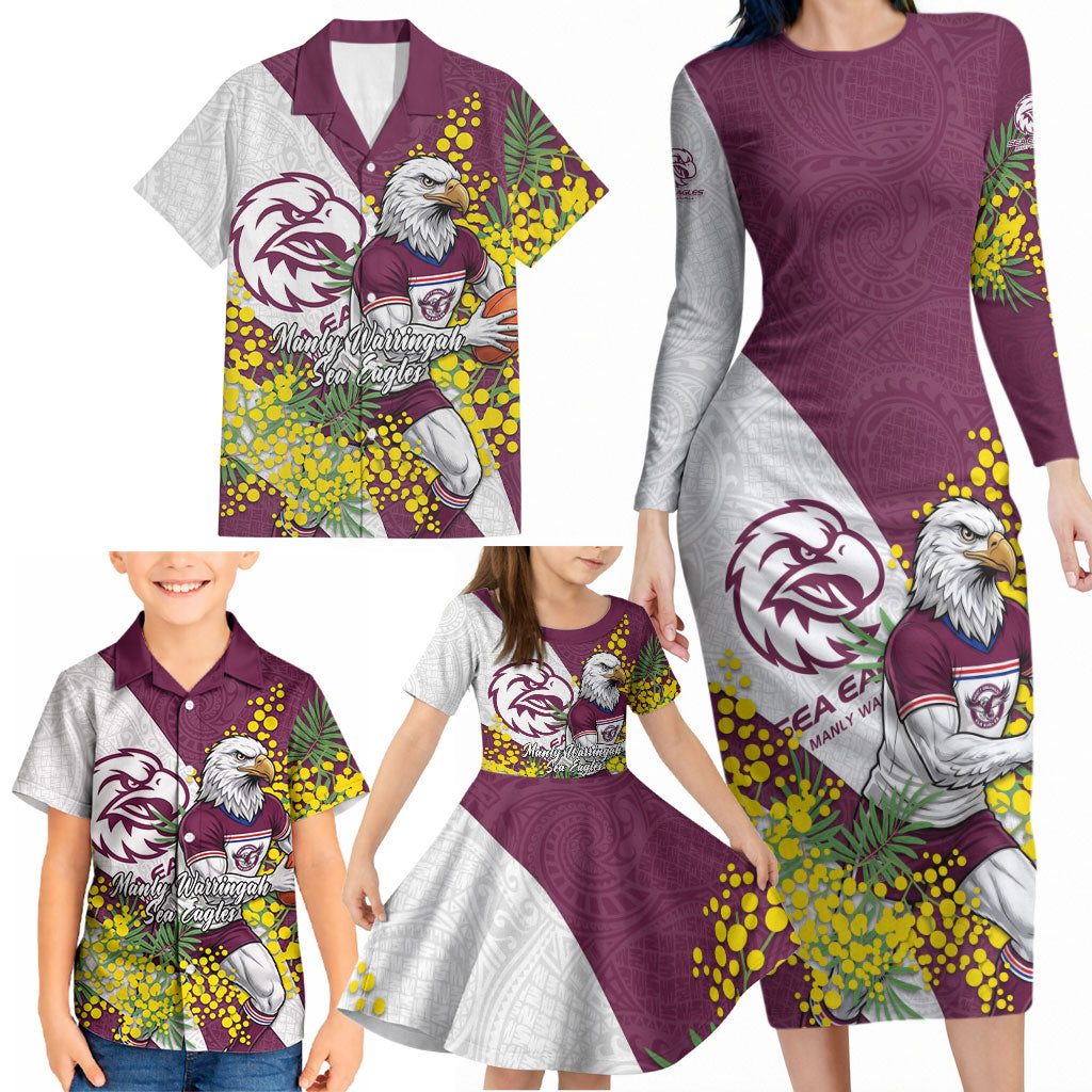 Manly Warringah Sea Eagles Family Matching Long Sleeve Bodycon Dress and Hawaiian Shirt Golden Wattle Floral Polynesian - Australian Flower - Rugby Mascot