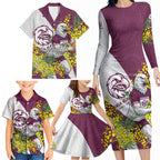 Manly Warringah Sea Eagles Family Matching Long Sleeve Bodycon Dress and Hawaiian Shirt Golden Wattle Floral Polynesian - Australian Flower - Rugby Mascot
