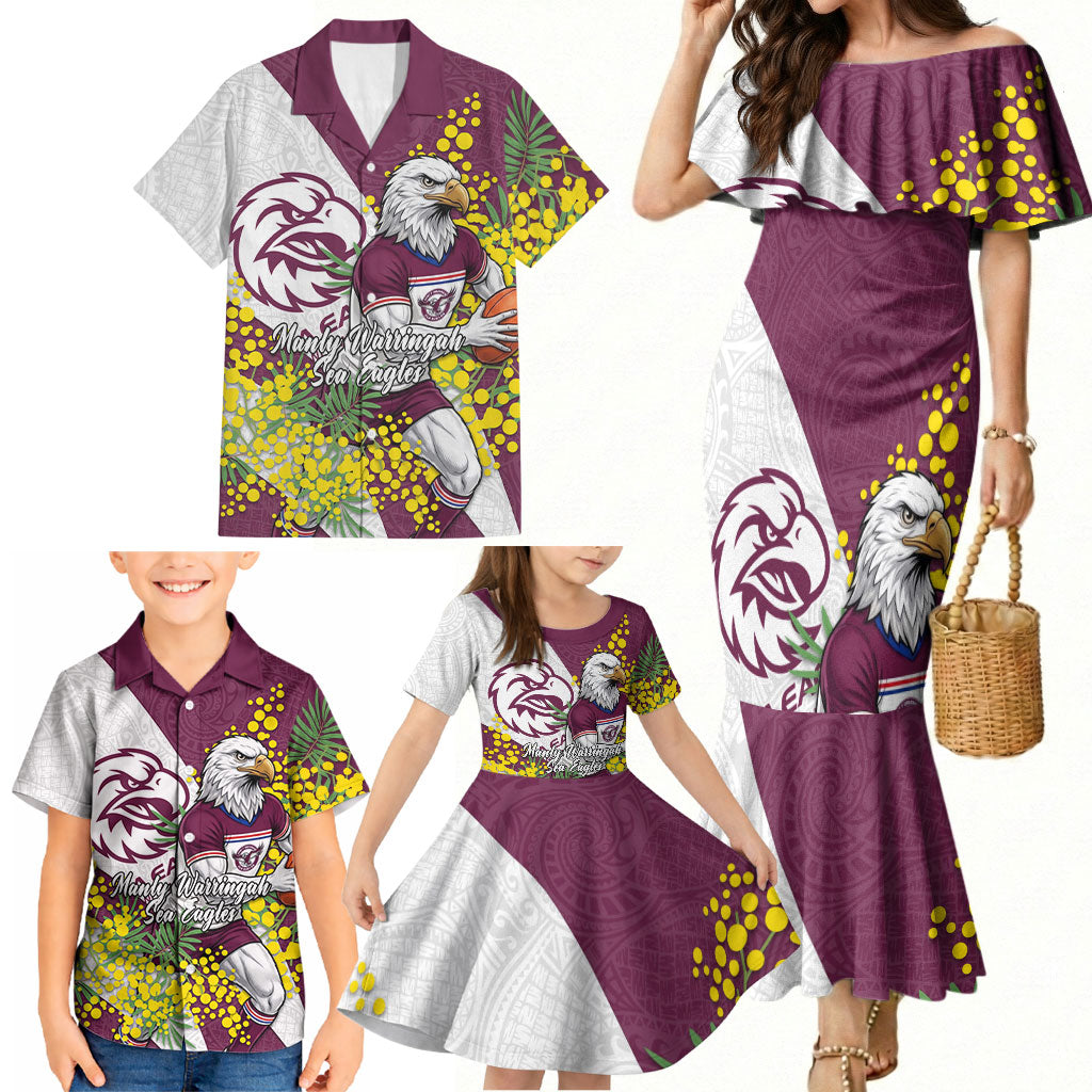 Manly Warringah Sea Eagles Family Matching Mermaid Dress and Hawaiian Shirt Golden Wattle Floral Polynesian - Australian Flower - Rugby Mascot