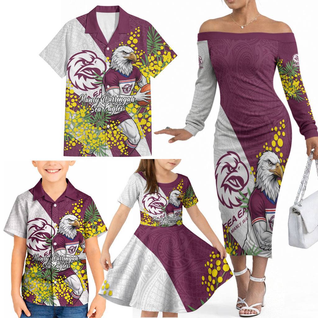 Manly Warringah Sea Eagles Family Matching Off The Shoulder Long Sleeve Dress and Hawaiian Shirt Golden Wattle Floral Polynesian - Australian Flower - Rugby Mascot