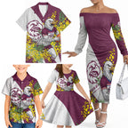 Manly Warringah Sea Eagles Family Matching Off The Shoulder Long Sleeve Dress and Hawaiian Shirt Golden Wattle Floral Polynesian - Australian Flower - Rugby Mascot