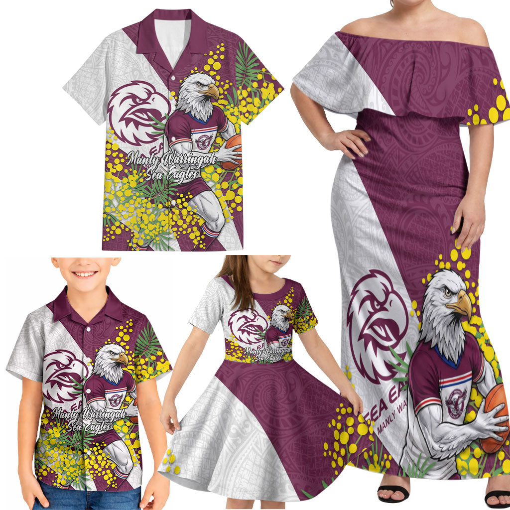 Manly Warringah Sea Eagles Family Matching Off Shoulder Maxi Dress and Hawaiian Shirt Golden Wattle Floral Polynesian - Australian Flower - Rugby Mascot