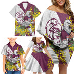 Manly Warringah Sea Eagles Family Matching Off Shoulder Short Dress and Hawaiian Shirt Golden Wattle Floral Polynesian - Australian Flower - Rugby Mascot