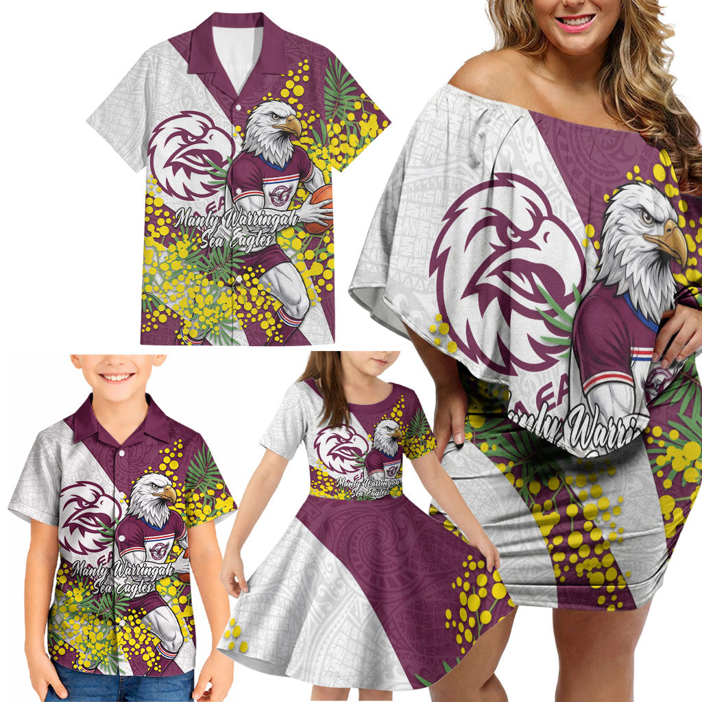 Manly Warringah Sea Eagles Family Matching Off Shoulder Short Dress and Hawaiian Shirt Golden Wattle Floral Polynesian - Australian Flower - Rugby Mascot