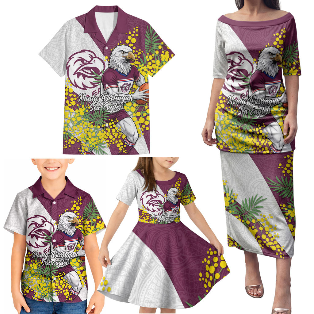 Manly Warringah Sea Eagles Family Matching Puletasi and Hawaiian Shirt Golden Wattle Floral Polynesian - Australian Flower - Rugby Mascot