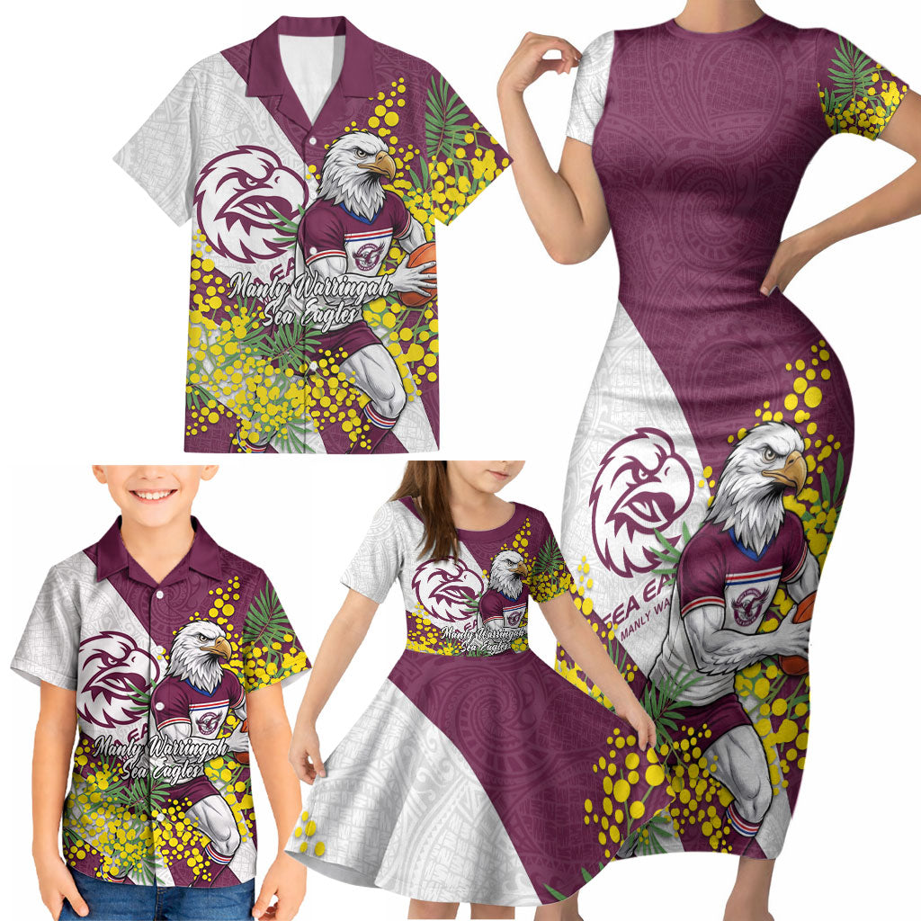 Manly Warringah Sea Eagles Family Matching Short Sleeve Bodycon Dress and Hawaiian Shirt Golden Wattle Floral Polynesian - Australian Flower - Rugby Mascot