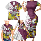 Manly Warringah Sea Eagles Family Matching Short Sleeve Bodycon Dress and Hawaiian Shirt Golden Wattle Floral Polynesian - Australian Flower - Rugby Mascot