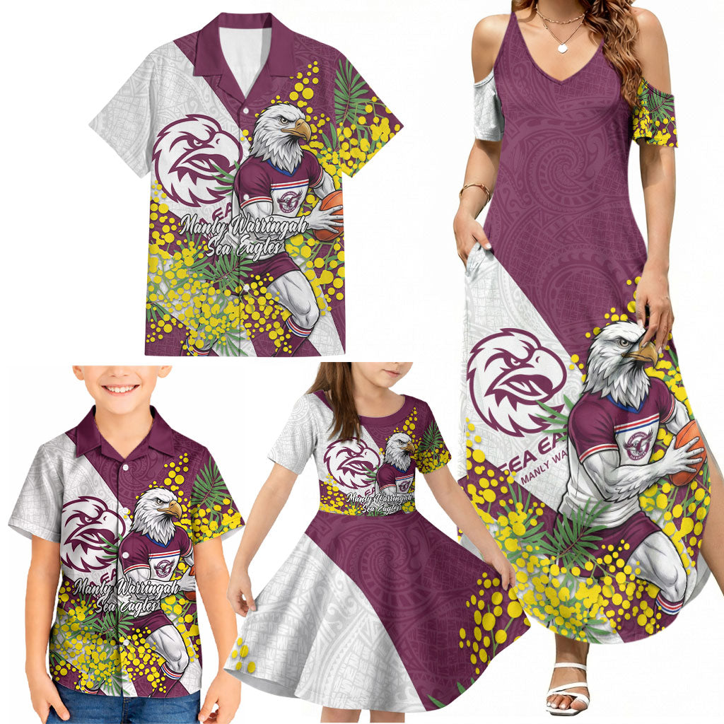 Manly Warringah Sea Eagles Family Matching Summer Maxi Dress and Hawaiian Shirt Golden Wattle Floral Polynesian - Australian Flower - Rugby Mascot