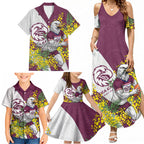 Manly Warringah Sea Eagles Family Matching Summer Maxi Dress and Hawaiian Shirt Golden Wattle Floral Polynesian - Australian Flower - Rugby Mascot