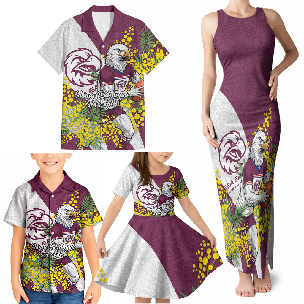 Manly Warringah Sea Eagles Family Matching Tank Maxi Dress and Hawaiian Shirt Golden Wattle Floral Polynesian - Australian Flower - Rugby Mascot