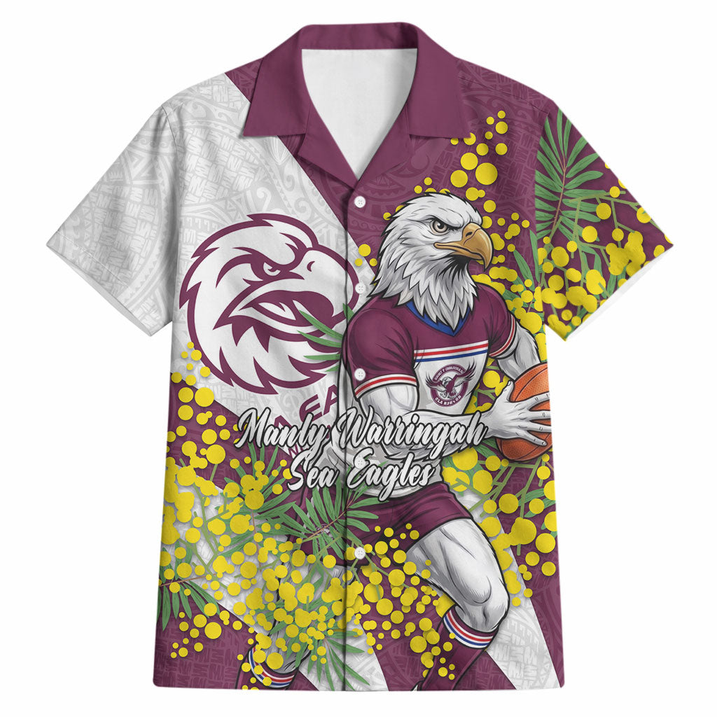 Manly Warringah Sea Eagles Hawaiian Shirt Golden Wattle Floral Polynesian - Australian Flower - Rugby Mascot