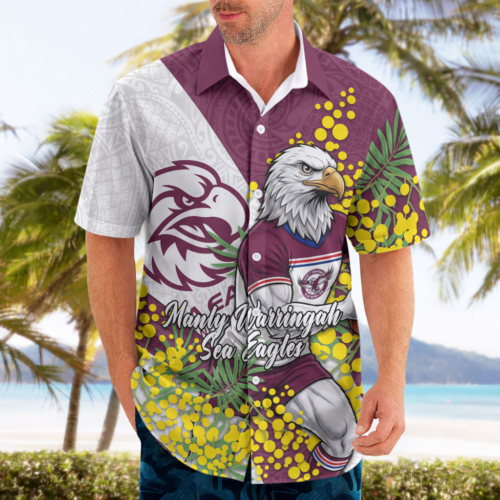 Manly Warringah Sea Eagles Hawaiian Shirt Golden Wattle Floral Polynesian - Australian Flower - Rugby Mascot