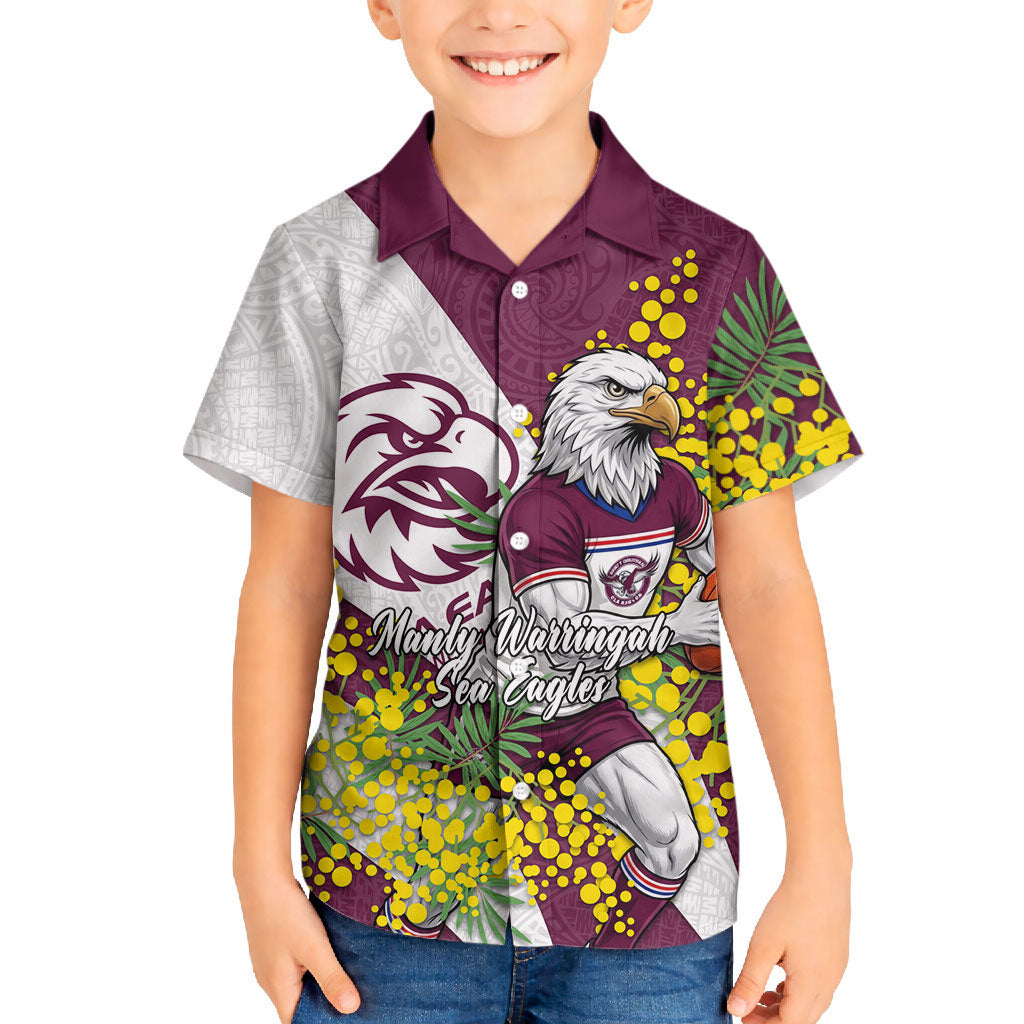 Manly Warringah Sea Eagles Hawaiian Shirt Golden Wattle Floral Polynesian - Australian Flower - Rugby Mascot