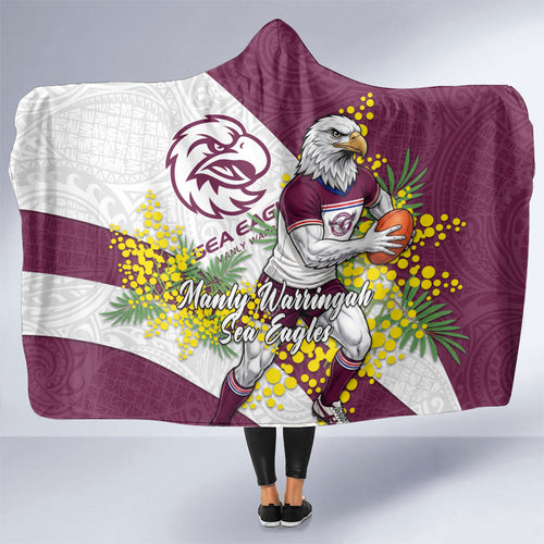 Manly Warringah Sea Eagles Hooded Blanket Golden Wattle Floral Polynesian - Australian Flower - Rugby Mascot